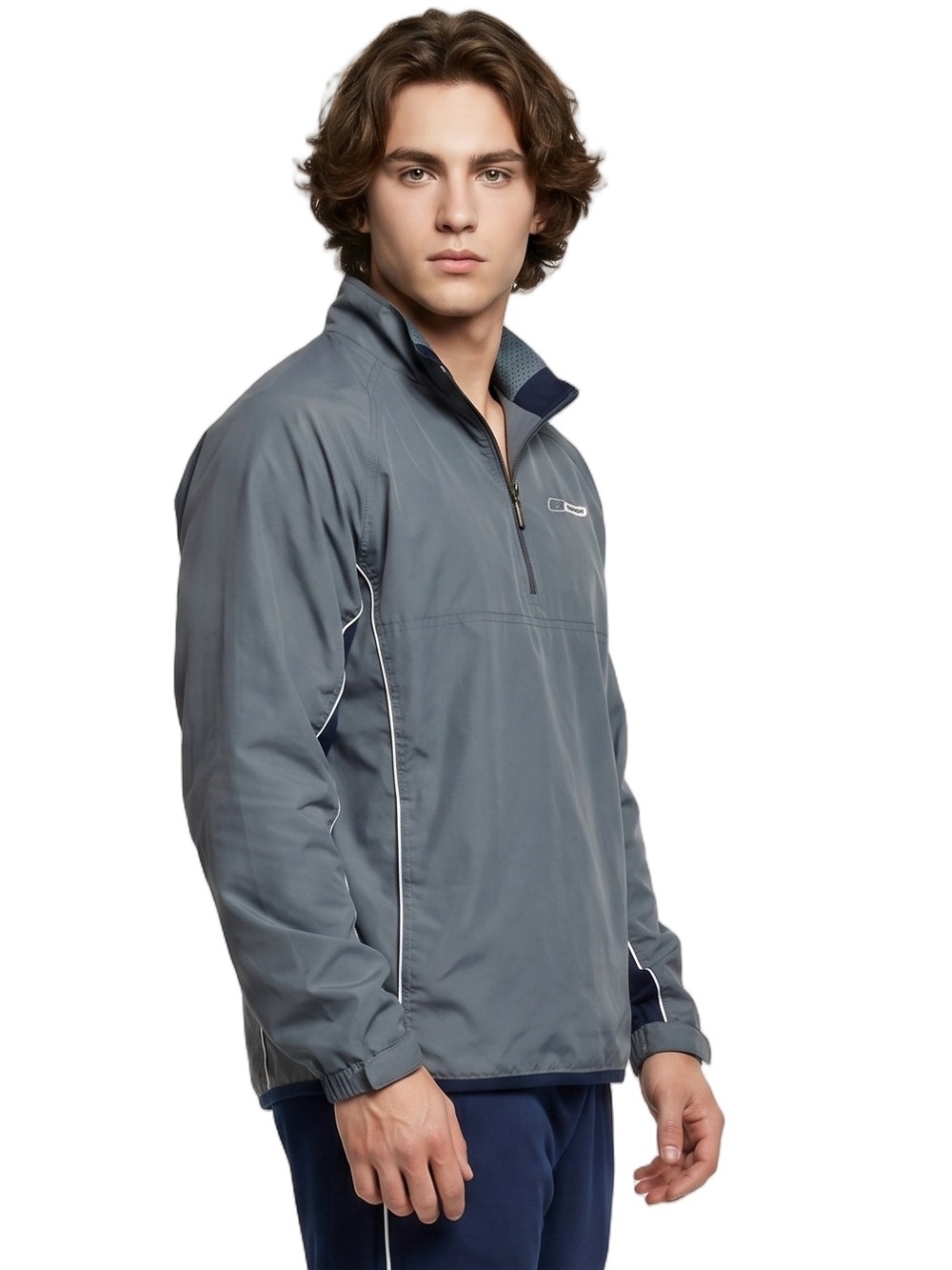 REEBOK Men's Gray and Navy Hooded Windbreaker Tracksuit Three Quarter zip front